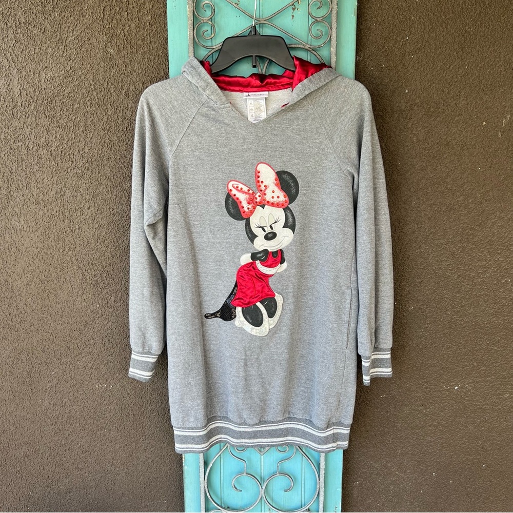 Disney Parks Dressed Up Minnie Mouse Long Sweatshirt Sequin Gray Red XL Bling